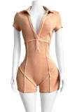Casual Solid Patchwork V Neck Skinny Rompers