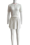 Sweet Solid Patchwork Buckle Pleated Turndown Collar Short Sleeve Two Pieces
