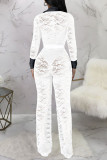 Sexy Lace Patchwork Buckle See-through Contrast Turndown Collar Skinny Jumpsuits
