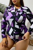 Sexy Print Patchwork Zipper O Neck Plus Size Swimwear (With Paddings)