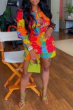 Casual Print Patchwork Turndown Collar Long Sleeve Two Pieces