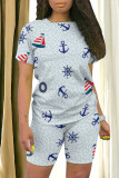 Casual Print Patchwork O Neck Short Sleeve Two Pieces