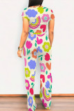 Casual Geometric Print Contrast O Neck Short Sleeve Two Pieces