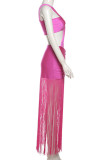 Sexy Solid Tassel Hollowed Out Patchwork Backless Fold V Neck Wrapped Skirt Dresses