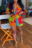 Casual Print Patchwork Turndown Collar Long Sleeve Two Pieces
