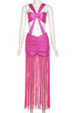 Sexy Solid Tassel Hollowed Out Patchwork Backless Fold V Neck Wrapped Skirt Dresses