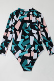 Sexy Print Patchwork Zipper O Neck Plus Size Swimwear (With Paddings)