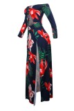 Sexy Print Hollowed Out Feathers Backless Off the Shoulder Long Dresses