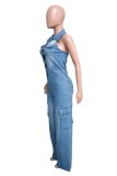 Casual Solid Patchwork Backless Halter Sleeveless Skinny Denim Jumpsuits