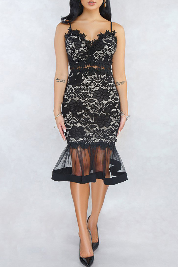 Solid Lace Patchwork Backless Mesh Zipper Spaghetti Strap Sling Dresses