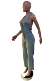 Sexy Solid Bandage Patchwork Backless Halter Sleeveless Skinny Denim Jumpsuits