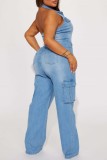 Casual Solid Patchwork Backless Halter Sleeveless Skinny Denim Jumpsuits