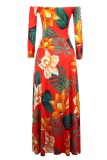 Sexy Print Hollowed Out Feathers Backless Off the Shoulder Long Dresses