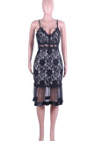 Solid Lace Patchwork Backless Mesh Zipper Spaghetti Strap Sling Dresses