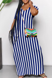 Casual Striped Patchwork Pocket V Neck Long Dresses