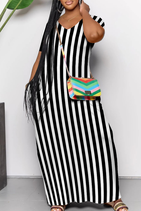 Casual Striped Patchwork Pocket V Neck Long Dresses