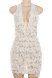 Street Solid Tassel Bandage Patchwork Backless Halter Wrapped Skirt Dresses