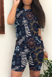 Casual Print Patchwork O Neck Short Sleeve Two Pieces