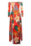 Sexy Print Hollowed Out Feathers Backless Off the Shoulder Long Dresses