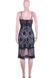 Solid Lace Patchwork Backless Mesh Zipper Spaghetti Strap Sling Dresses