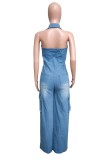 Casual Solid Patchwork Backless Halter Sleeveless Skinny Denim Jumpsuits