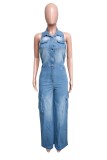 Casual Solid Patchwork Backless Halter Sleeveless Skinny Denim Jumpsuits