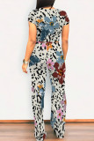 Casual Geometric Print Contrast O Neck Short Sleeve Two Pieces