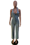 Sexy Solid Bandage Patchwork Backless Halter Sleeveless Skinny Denim Jumpsuits