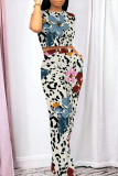 Casual Geometric Print Contrast O Neck Short Sleeve Two Pieces