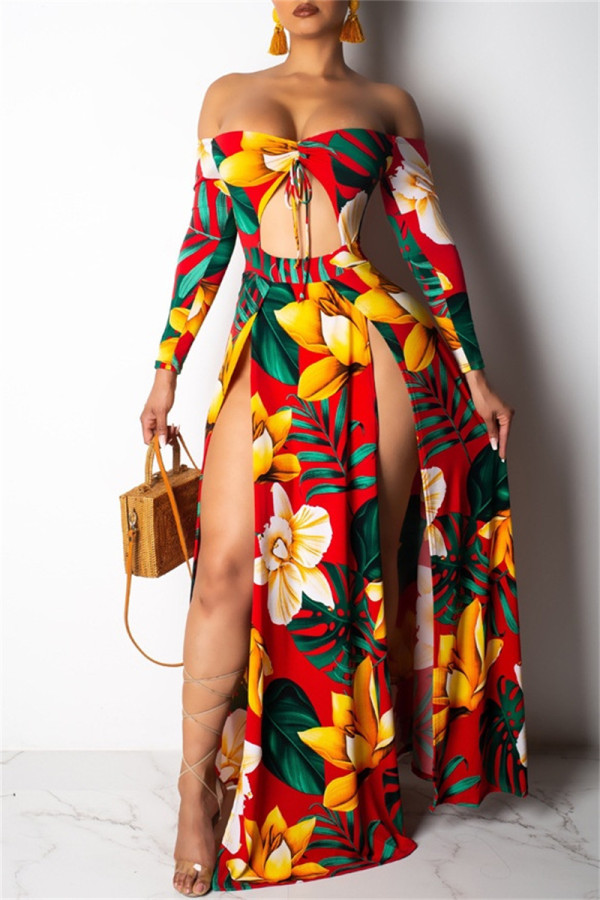 Sexy Print Hollowed Out Feathers Backless Off the Shoulder Long Dresses