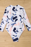 Sexy Print Patchwork Zipper O Neck Plus Size Swimwear (With Paddings)