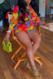 Casual Print Patchwork Turndown Collar Long Sleeve Two Pieces