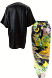 Elegant Print Bandage Patchwork Fold O Neck Plus Size Two Pieces