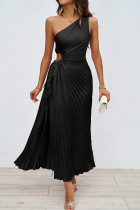 Elegant Solid Hollowed Out Pleated Oblique Collar Sleeveless Dresses