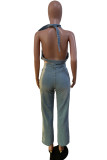 Sexy Solid Bandage Patchwork Backless Halter Sleeveless Skinny Denim Jumpsuits
