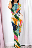 Casual Geometric Print Contrast O Neck Short Sleeve Two Pieces