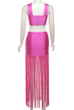 Sexy Solid Tassel Hollowed Out Patchwork Backless Fold V Neck Wrapped Skirt Dresses