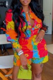 Casual Print Patchwork Turndown Collar Long Sleeve Two Pieces