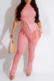 Casual Solid Tassel Patchwork Asymmetrical O Neck Sleeveless Two Pieces