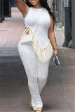 Casual Solid Tassel Patchwork Asymmetrical O Neck Sleeveless Two Pieces