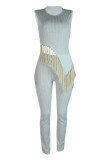 Casual Solid Tassel Patchwork Asymmetrical O Neck Sleeveless Two Pieces