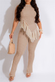 Casual Solid Tassel Patchwork Asymmetrical O Neck Sleeveless Two Pieces
