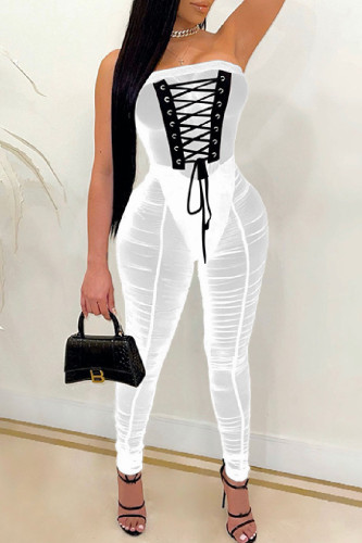 Sexy Solid Patchwork See-through Backless Strapless Skinny Jumpsuits