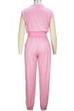 Casual Solid Patchwork Draw String Pocket V Neck Sleeveless Two Pieces