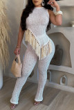 Casual Solid Tassel Patchwork Asymmetrical O Neck Sleeveless Two Pieces