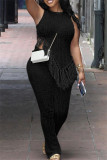 Casual Solid Tassel Patchwork Asymmetrical O Neck Sleeveless Two Pieces
