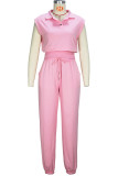 Casual Solid Patchwork Draw String Pocket V Neck Sleeveless Two Pieces