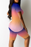 Casual Gradient Print Contrast O Neck Short Sleeve Two Pieces