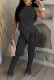 Casual Solid Tassel Patchwork Asymmetrical O Neck Sleeveless Two Pieces