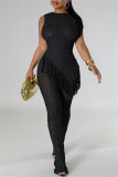 Casual Solid Tassel Patchwork Asymmetrical O Neck Sleeveless Two Pieces
